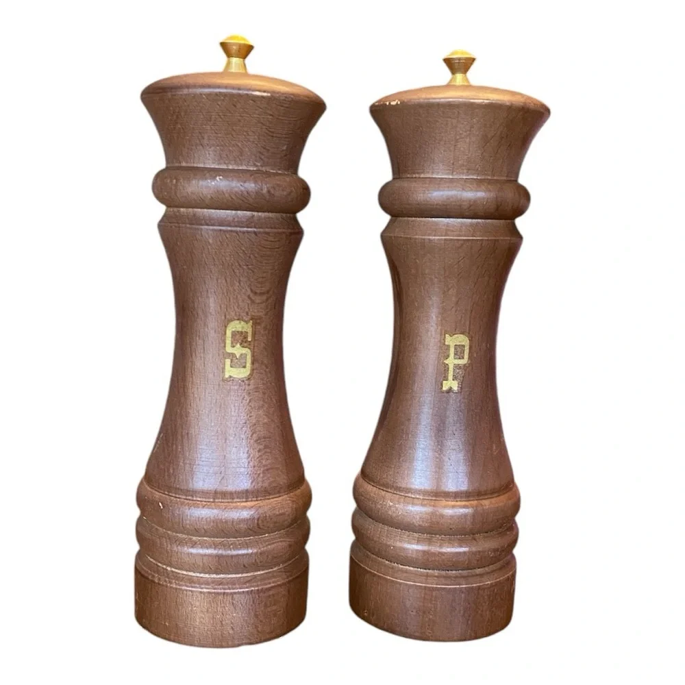 Vintage Wooden Salt & Pepper Shakers 6” Brass S P Mid Century Japan